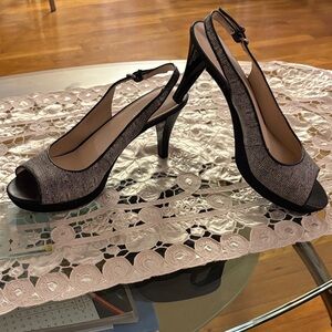 Nine West Black and Silver Peep-Toe Heels